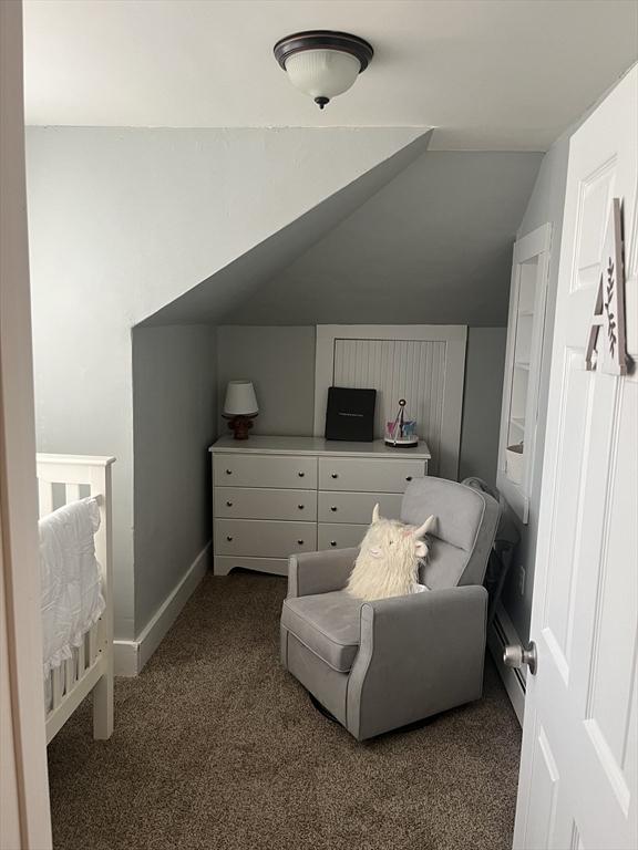 carpeted bedroom with vaulted ceiling