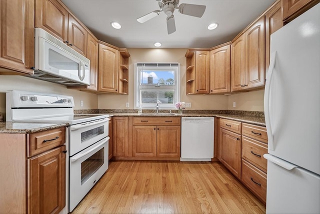 30 Edge Hill Rd, Lynn, MA 01904 - kitchen with white appliances, open shelves, a sink, light wood-style flooring, and dark stone countertops