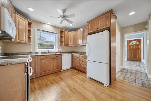 30 Edge Hill Rd, Lynn, MA 01904 - kitchen featuring white appliances, open shelves, a sink, a ceiling fan, and recessed lighting