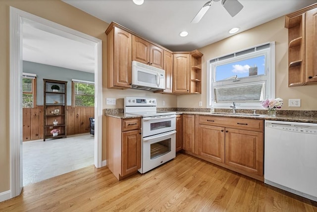 30 Edge Hill Rd, Lynn, MA 01904 - kitchen with white appliances, open shelves, a sink, light wood-style floors, and recessed lighting