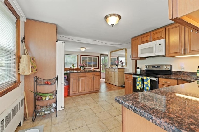 82 Brickel Rd, Stoughton, MA 02072 - kitchen with white microwave, stainless steel electric range, radiator, and plenty of natural light