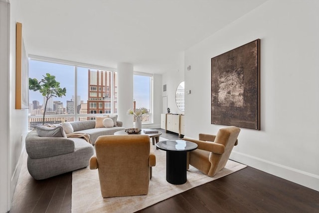 living area featuring a view of city, expansive windows, wood finished floors, and baseboards