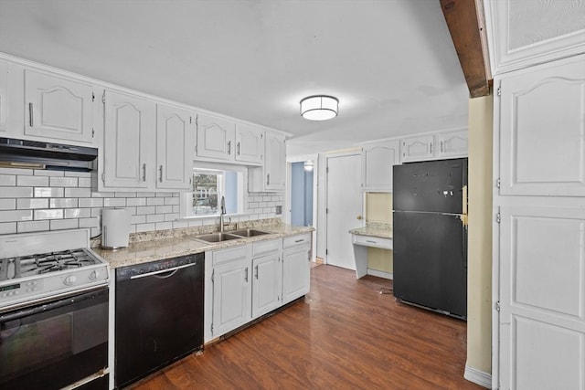 kitchen with under cabinet range hood, black appliances, white cabinets, and a sink