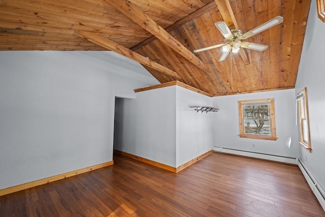 additional living space with a baseboard radiator, wood ceiling, hardwood / wood-style floors, and vaulted ceiling