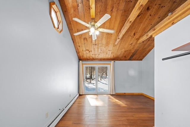 empty room featuring baseboards, wood ceiling, wood finished floors, a ceiling fan, and a baseboard radiator