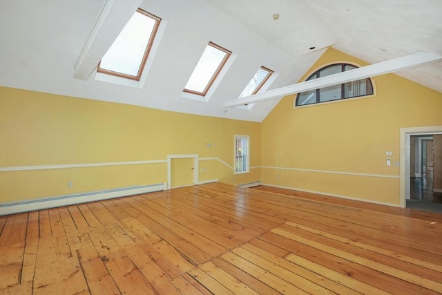 additional living space featuring hardwood / wood-style floors, lofted ceiling with skylight, and baseboard heating