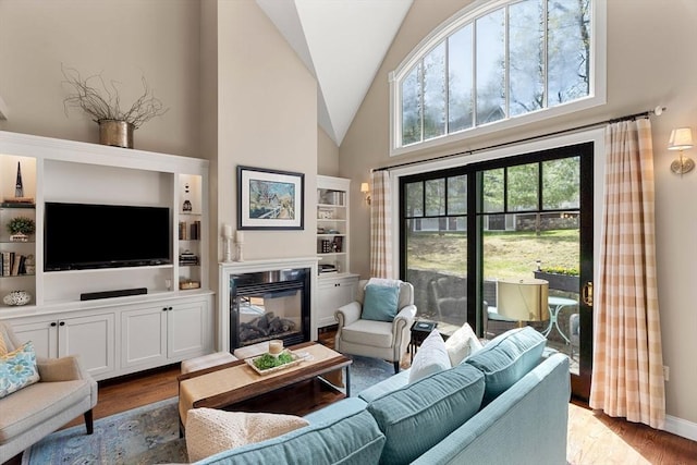 living area featuring a glass covered fireplace, wood finished floors, and high vaulted ceiling