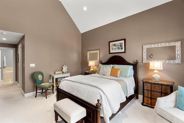 bedroom featuring recessed lighting, baseboards, light colored carpet, and high vaulted ceiling
