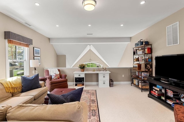living area featuring carpet floors, recessed lighting, baseboards, and visible vents