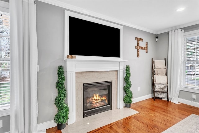 living room with ornamental molding, a fireplace, and hardwood / wood-style flooring