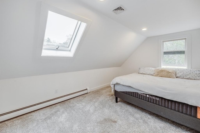 115 Kiahs Way, Sandwich, MA 02537 - carpeted bedroom featuring a baseboard radiator, a skylight, vaulted ceiling, baseboards, and recessed lighting