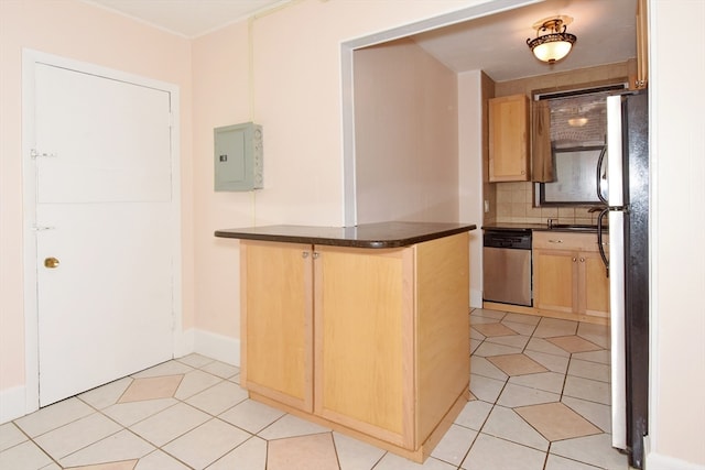 kitchen featuring electric panel, kitchen peninsula, stainless steel dishwasher, light tile patterned floors, and backsplash