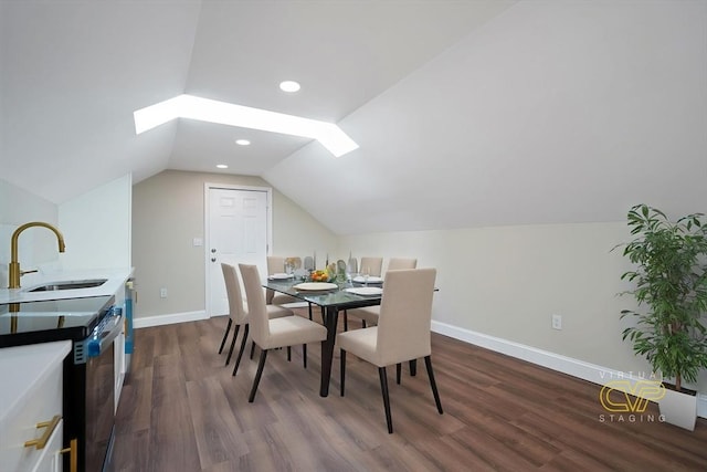 41 Adams St, Fairhaven, MA 02719 - dining space with dark wood-type flooring, lofted ceiling, a skylight, and recessed lighting