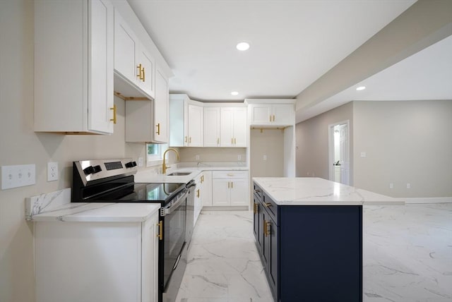 41 Adams St, Fairhaven, MA 02719 - kitchen featuring black electric range, light marble finish floors, recessed lighting, white cabinets, and light stone counters