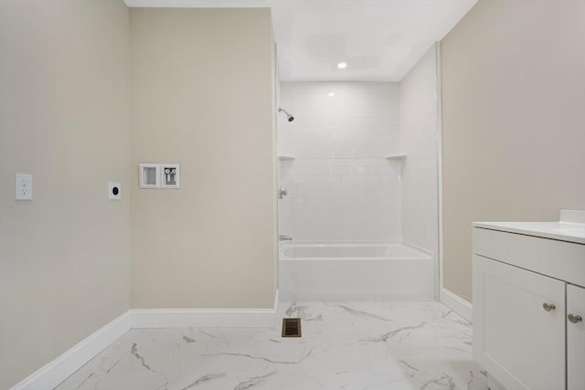 41 Adams St, Fairhaven, MA 02719 - bathroom with marble look tiles, vanity, bathtub / shower combination, and recessed lighting