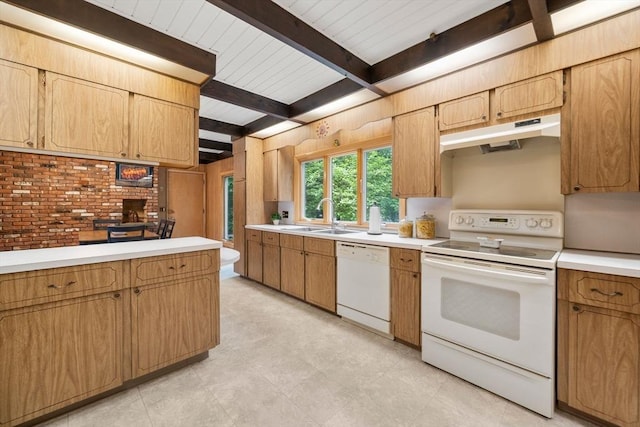 181 Thayer Farms Rd, Attleboro, MA 02703 - kitchen featuring white appliances, a sink, under cabinet range hood, beam ceiling, and light countertops