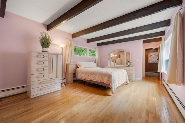 181 Thayer Farms Rd, Attleboro, MA 02703 - bedroom with a baseboard radiator, light wood-style floors, beam ceiling, and baseboards