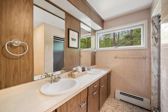 181 Thayer Farms Rd, Attleboro, MA 02703 - full bath featuring a baseboard radiator, double vanity, and tile walls