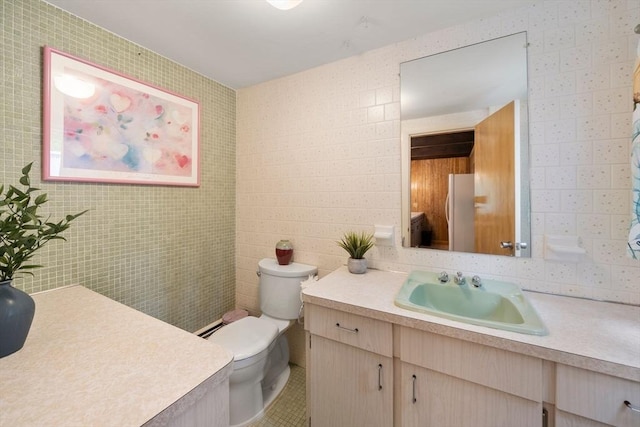 181 Thayer Farms Rd, Attleboro, MA 02703 - bathroom featuring vanity, tile walls, toilet, and tile patterned flooring