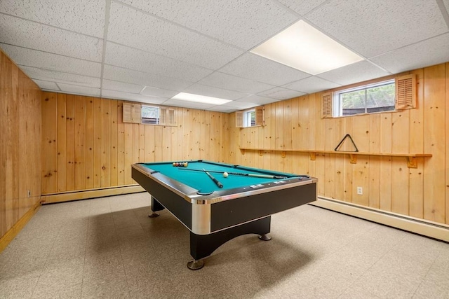 181 Thayer Farms Rd, Attleboro, MA 02703 - recreation room featuring tile patterned floors, a baseboard radiator, a drop ceiling, pool table, and wooden walls