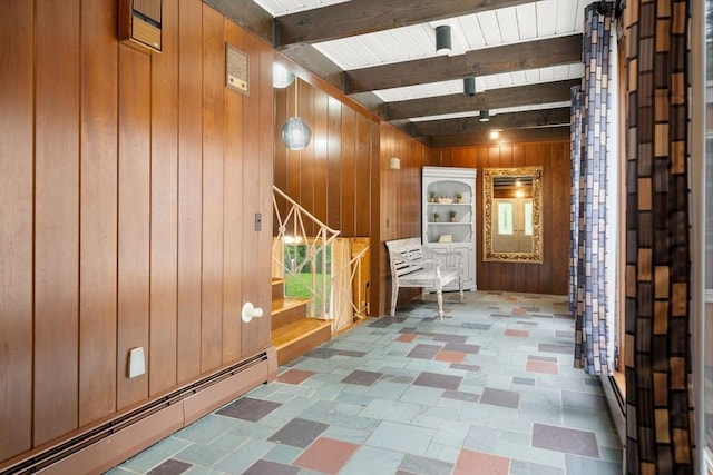 181 Thayer Farms Rd, Attleboro, MA 02703 - entryway featuring a baseboard radiator, wood walls, stairs, beam ceiling, and tile patterned floors