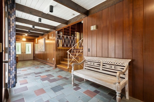 181 Thayer Farms Rd, Attleboro, MA 02703 - miscellaneous room featuring wooden walls, stairs, a baseboard radiator, and wood ceiling with exposed beams