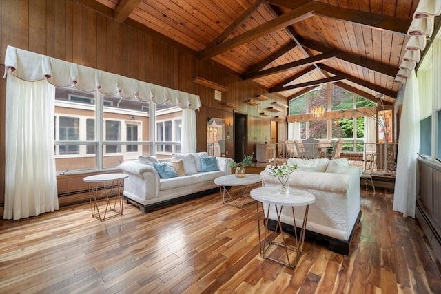 181 Thayer Farms Rd, Attleboro, MA 02703 - living area featuring high vaulted ceiling, wood ceiling with exposed beams, hardwood / wood-style flooring, wooden walls, and a chandelier