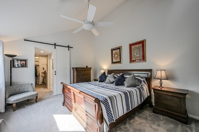 9 Country Club Ln Unit A, Milford, MA 01757 - carpeted bedroom with a barn door, high vaulted ceiling, and ceiling fan