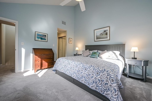 9 Country Club Ln Unit A, Milford, MA 01757 - bedroom with carpet floors, a closet, high vaulted ceiling, and a ceiling fan