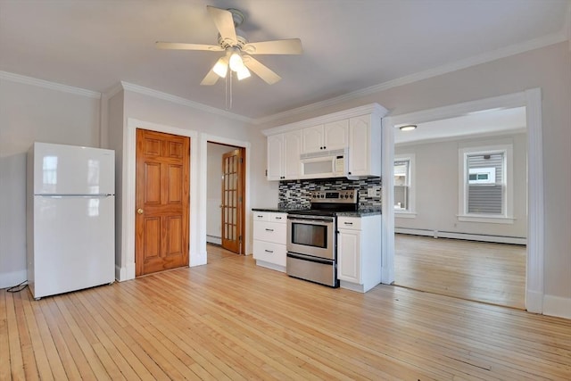 kitchen with white cabinetry, white appliances, light wood-type flooring, decorative backsplash, and a baseboard radiator