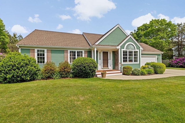 11 Quashnet Woods Dr, Mashpee, MA 02649 - single story home with driveway, a front lawn, a garage, and a shingled roof