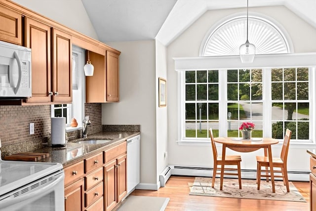 11 Quashnet Woods Dr, Mashpee, MA 02649 - kitchen featuring lofted ceiling, white appliances, plenty of natural light, and a baseboard heating unit