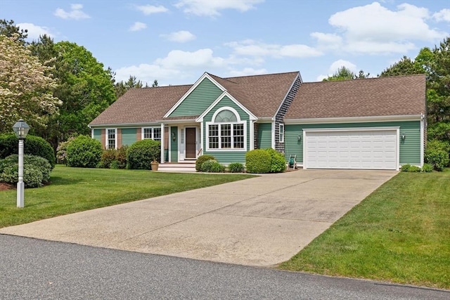 11 Quashnet Woods Dr, Mashpee, MA 02649 - ranch-style house with a garage, a front yard, concrete driveway, and a shingled roof