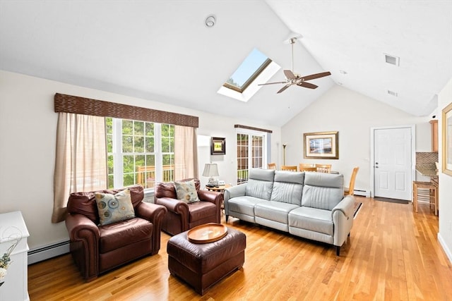 11 Quashnet Woods Dr, Mashpee, MA 02649 - living room with a baseboard heating unit, a skylight, light wood-style floors, high vaulted ceiling, and ceiling fan