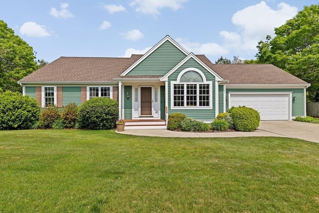 11 Quashnet Woods Dr, Mashpee, MA 02649 - ranch-style home with driveway, an attached garage, a front yard, and roof with shingles