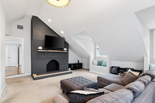 carpeted living room featuring vaulted ceiling and a brick fireplace