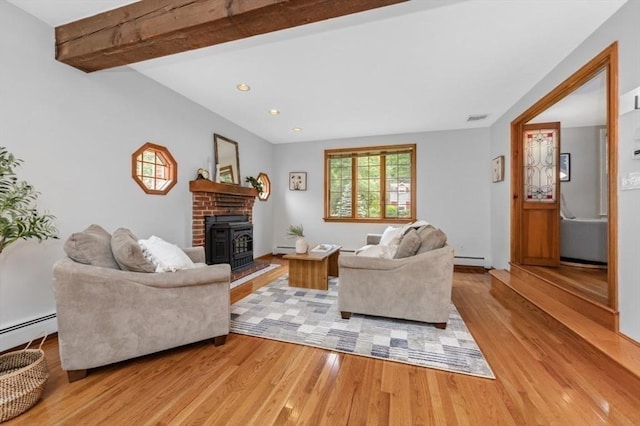 35 Crest Rd, Lynnfield, MA 01940 - living area with light wood-type flooring, baseboard heating, a baseboard radiator, recessed lighting, and beam ceiling