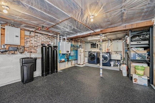 35 Crest Rd, Lynnfield, MA 01940 - unfinished basement with washing machine and dryer, electric panel, gas water heater, a water softener system, and tankless water heater