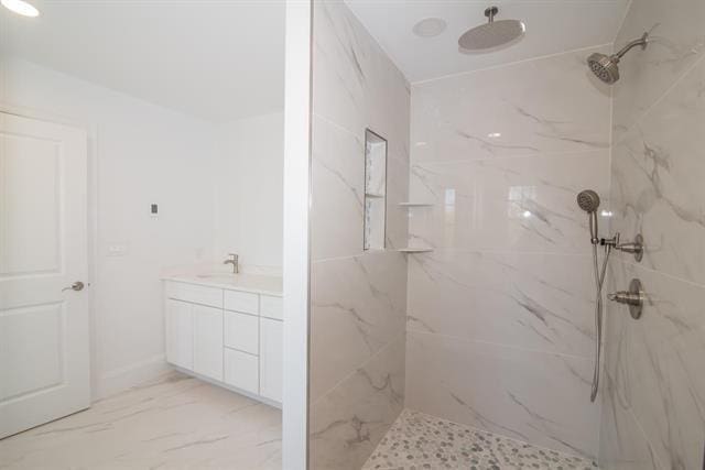 6 Carmel Rd, Pelham, NH 03076 - bathroom featuring marble finish floors, a marble finish shower, and vanity