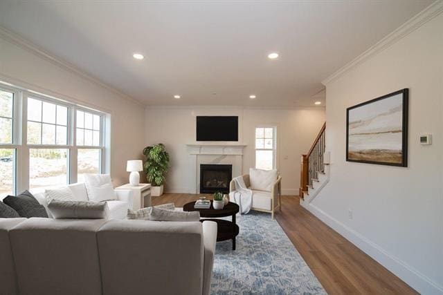6 Carmel Rd, Pelham, NH 03076 - living room featuring ornamental molding, baseboards, recessed lighting, a premium fireplace, and wood finished floors