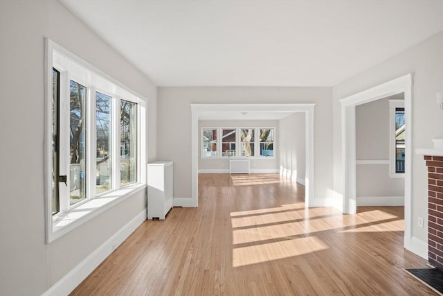 interior space with a fireplace, a healthy amount of sunlight, and light hardwood / wood-style floors