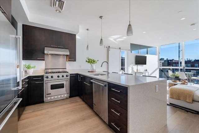 kitchen featuring light wood-type flooring, premium appliances, ventilation hood, sink, and hanging light fixtures