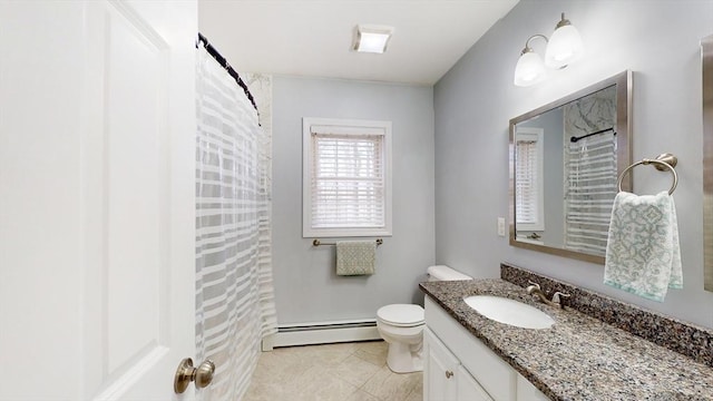 full bath with a baseboard radiator, toilet, vanity, and a shower with shower curtain