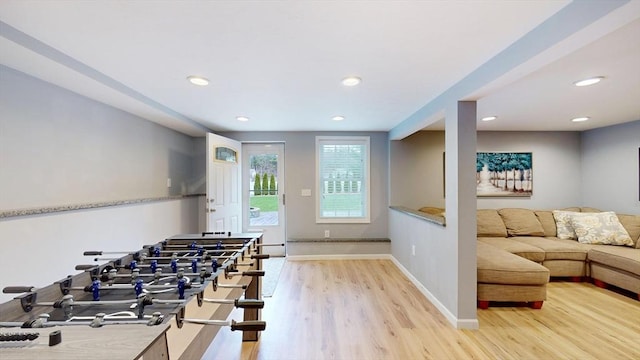 playroom featuring recessed lighting, light wood-style flooring, and baseboards