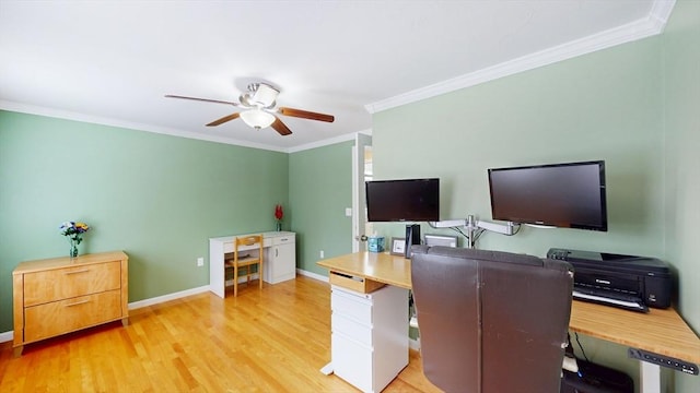office space featuring ceiling fan, baseboards, wood finished floors, and ornamental molding
