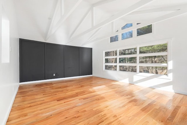 11 Adams St, Foxboro, MA 02035 - unfurnished living room featuring high vaulted ceiling, baseboards, beam ceiling, and wood finished floors