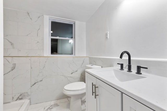 11 Adams St, Foxboro, MA 02035 - full bathroom featuring vanity, marble finish floor, a shower, toilet, and tile walls