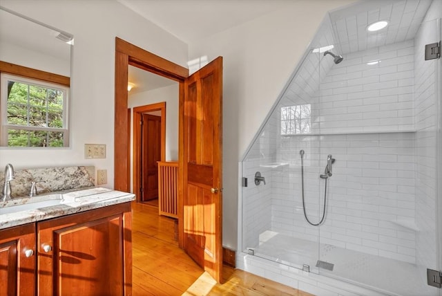 301 Old Billerica Rd, Bedford, MA 01730 - full bath with a stall shower, wood finished floors, and vanity