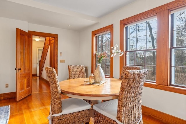 301 Old Billerica Rd, Bedford, MA 01730 - dining room with light wood-style flooring, plenty of natural light, baseboards, stairway, and recessed lighting
