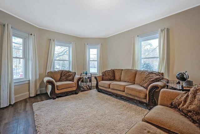 living room with a healthy amount of sunlight and dark hardwood / wood-style flooring